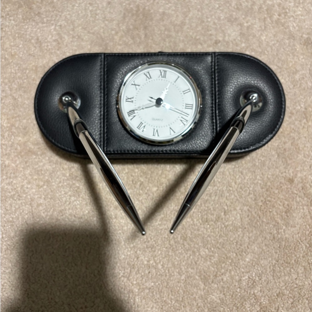 Elegant Black Leather Desk Clock with Pens